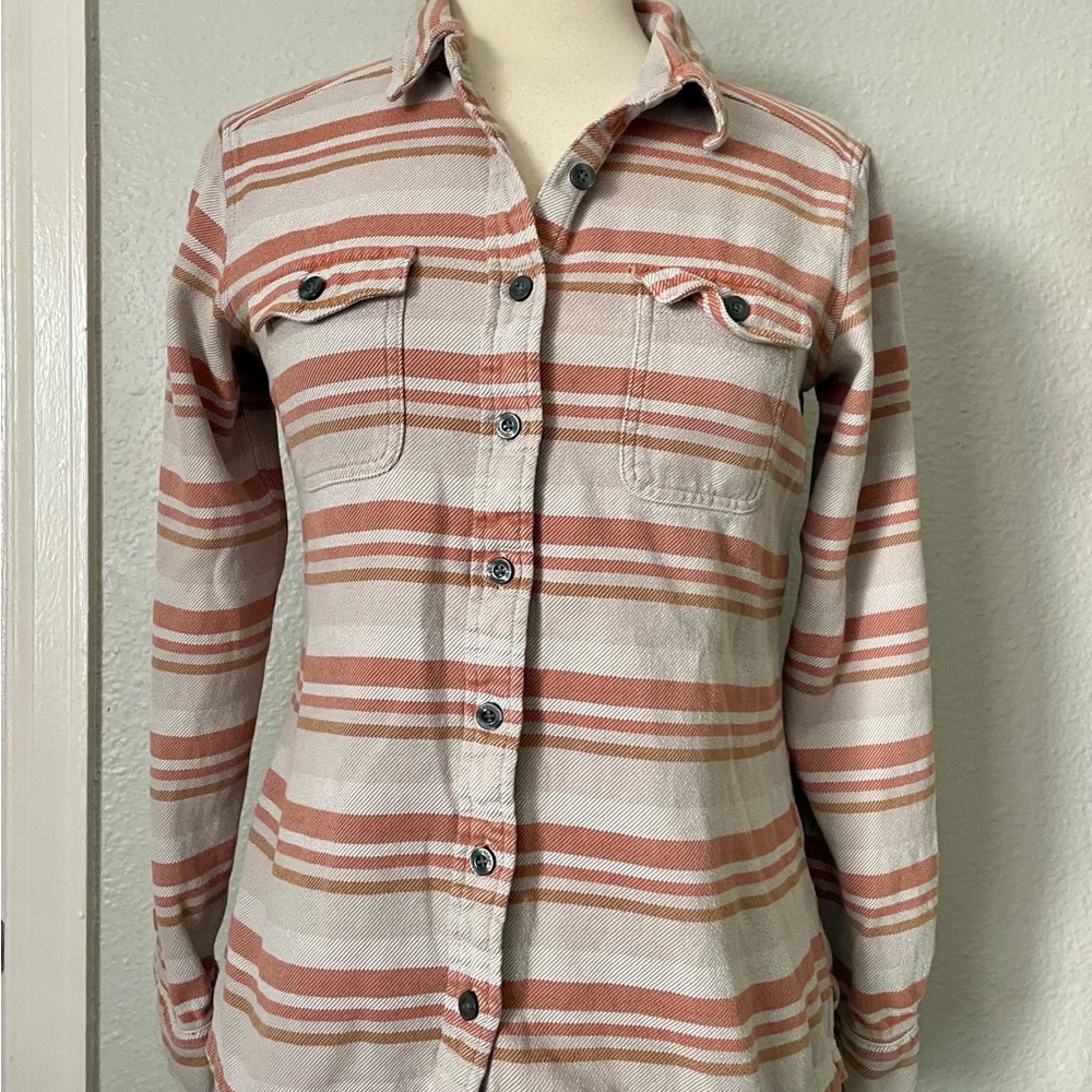 Patagonia Striped Shirt Jacket Top Sandstone & Rust Tones Organic Cotton Size 8